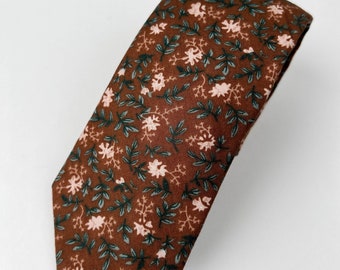 Rustic Terracotta Wedding floral necktie, Brown Burnt Orange classic Groomsmen tie,mens necktie