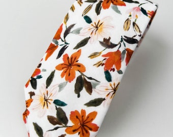 Fall Autumn wedding floral necktie, Rustic terracotta burnt orange classic formal groomsmen tie
