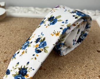 Blue Floral Cotton Wedding Tie, Groomsmen Necktie