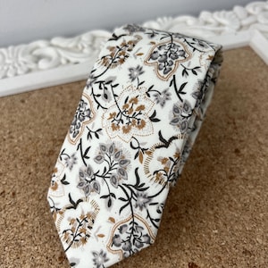 Green brown wedding floral tie, groomsmen necktie, groom gift, floral print skinny cotton tie