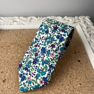 Blue wedding floral tie, groomsmen necktie, gift for groom, flower tie for men cotton skinny