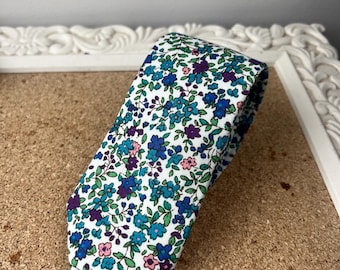 Blue Floral Wedding Tie, Cotton Groomsmen Necktie