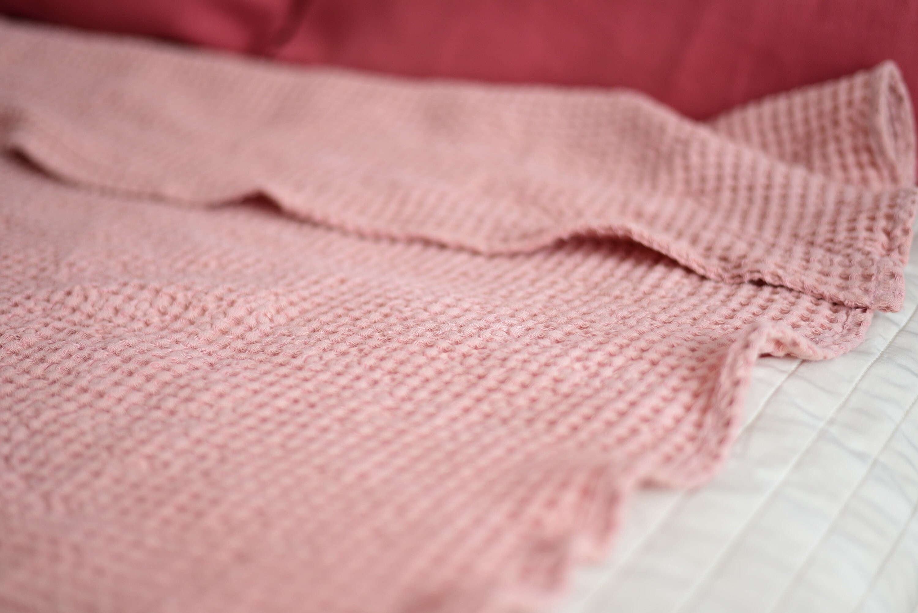 Waffle Linen Throw Blanket Knit Blanket Pink Linen Bed Etsy