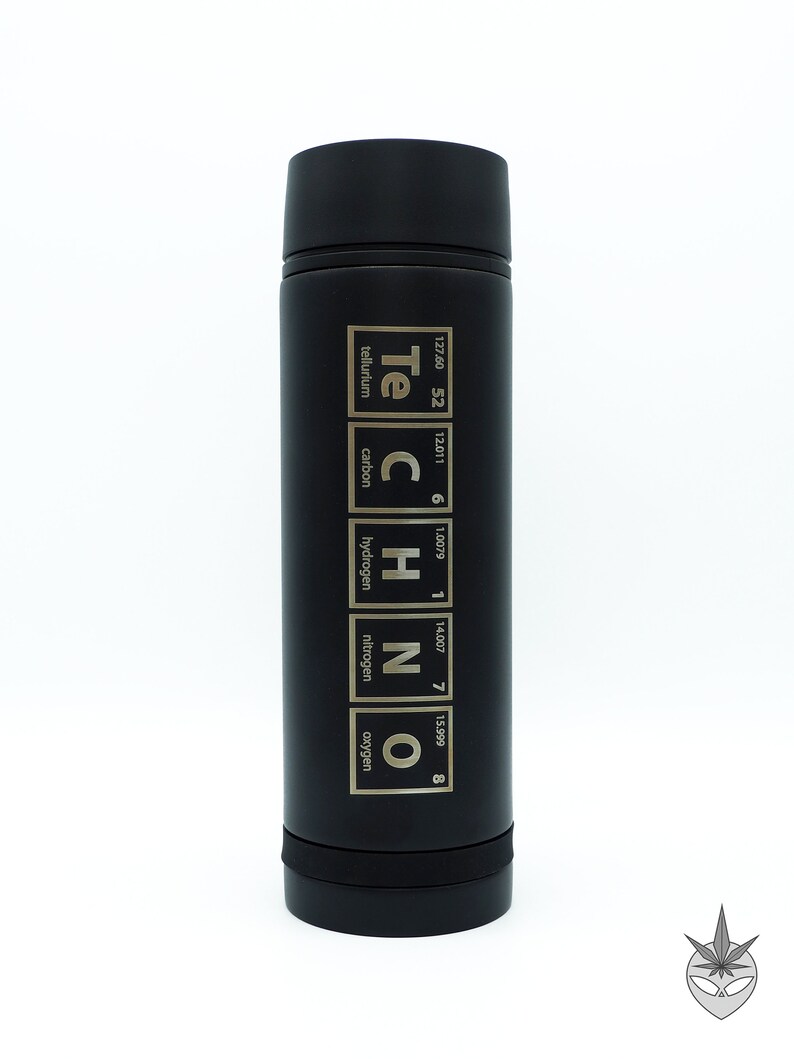 May include: Black insulated water bottle with the word "TECHNO" spelled out using the chemical symbols and names for tellurium, carbon, hydrogen, nitrogen, and oxygen.