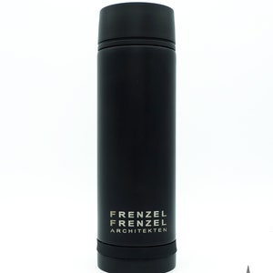 May include: A black stainless steel water bottle with the text "FRENZEL FRENZEL ARCHITEKTEN" printed on the side.