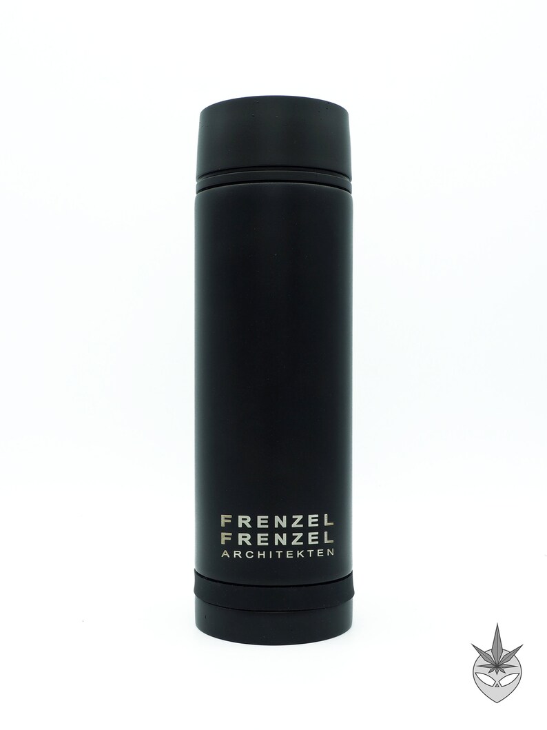 May include: A black stainless steel water bottle with the text "FRENZEL FRENZEL ARCHITEKTEN" printed on the side.