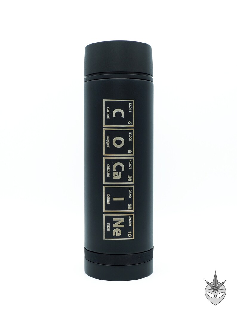 May include: Black stainless steel water bottle with a gold design featuring the chemical symbols and names for carbon, oxygen, calcium, iodine, and neon. The text reads "COCa|Ne".