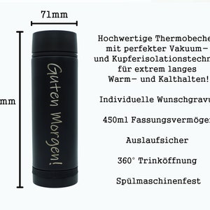 May include: Black insulated travel mug with a white inscription that reads "Guten Morgen!" The mug is 7.1 inches tall and 9.1 inches wide. It has a 450 ml capacity and is dishwasher safe.