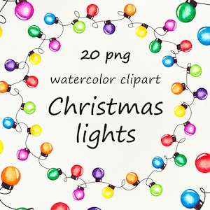 Puede incluir: Una cadena de 20 luces de Navidad de acuarela en varios colores, incluyendo rojo, amarillo, azul, verde y morado. Las luces están conectadas por un cable negro y están dispuestas en un círculo alrededor del texto "20 png clipart acuarela luces de Navidad".