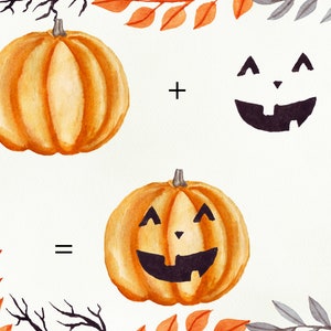 K&ouml;nnte beinhalten: Eine Aquarell-Illustration eines K&uuml;rbisses mit einem geschnitzten Jack-o'-Lantern-Gesicht. Das Bild zeigt den K&uuml;rbis vor und nach dem Schnitzen des Gesichts. Der Text + und = ist im Bild enthalten.