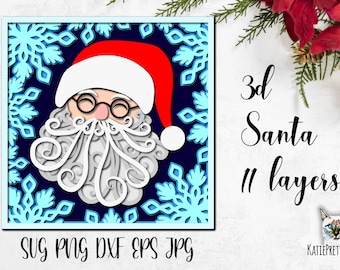 3D Santa paper cut SVG, Christmas layered cut file. Christmas Papercut, Multilayered laser cut file, 11 layers. Digital Download.