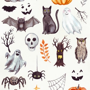 K&ouml;nnte beinhalten: Aquarell-Illustrationen von Halloween-Elementen, darunter ein Hexenhut, Flederm&auml;use, K&uuml;rbisse, Geister, eine Spinne, ein Sch&auml;del, eine schwarze Katze, eine Eule, ein Baum und ein Spinnennetz.