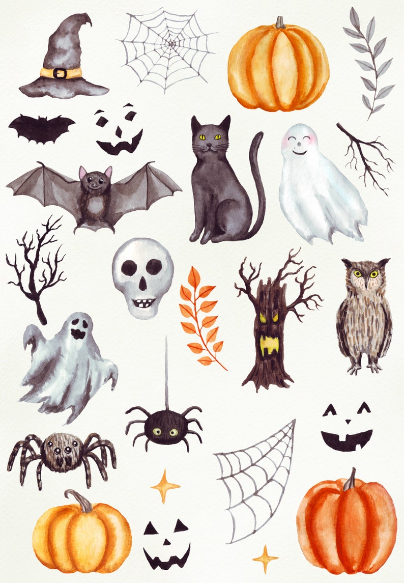 K&ouml;nnte beinhalten: Aquarell-Illustrationen von Halloween-Elementen, darunter ein Hexenhut, Flederm&auml;use, K&uuml;rbisse, Geister, eine Spinne, ein Sch&auml;del, eine schwarze Katze, eine Eule, ein Baum und ein Spinnennetz.