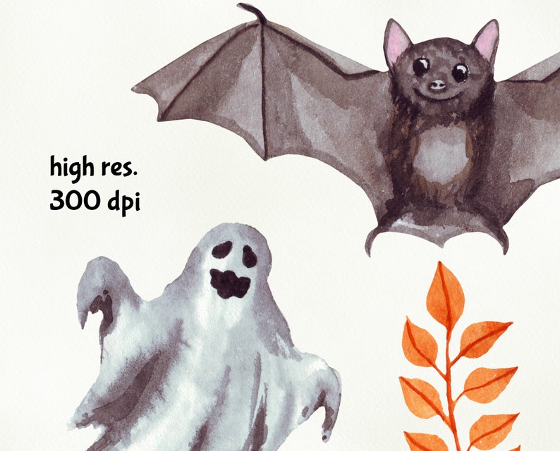 K&ouml;nnte beinhalten: Aquarell-Illustration eines Geistes, einer Fledermaus und eines Zweigs mit orangefarbenen Bl&auml;ttern. Der Geist ist wei&szlig; und hat ein schwarzes Gesicht. Die Fledermaus ist braun mit schwarzen Augen und einer rosa Nase. Die Bl&auml;tter sind orange und haben einen hellbraunen Stiel.