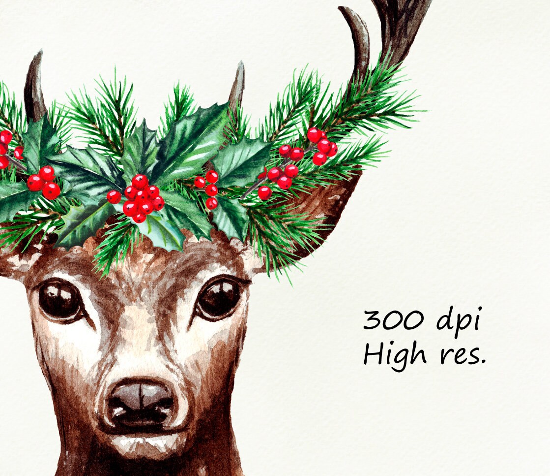Christmas Deer Watercolor Clipart. Set of Hand Painted Deer Antlers and ...