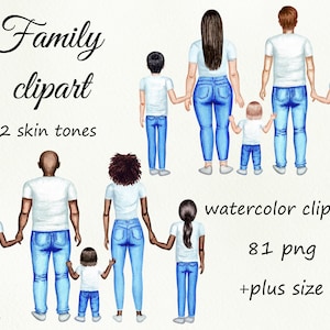 Family watercolor customizible clipart. Family character creator digital clip art. Mom, dad with children, watercolor png.
