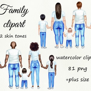 Family watercolor customizible clipart. Family character creator digital clip art. Mom, dad with children, watercolor png.