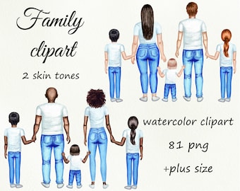 Family watercolor customizible clipart. Family character creator digital clip art. Mom, dad with children, watercolor png.