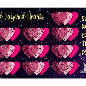 Puede incluir: Una descarga digital de diseños de corazones en 3D en capas en rosa y blanco. El diseño presenta patrones intrincados y está disponible en los formatos SVG, PNG, EPS, JPG y DXF.