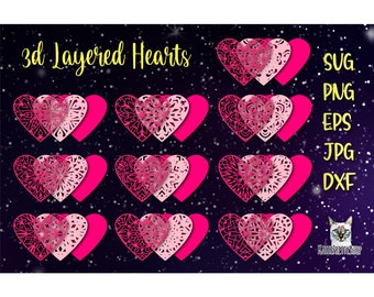 3D hearts paper cut SVG, layered Mandala Hearts cut files. Valentine's day Papercut, Multilayered laser cut file. Digital Download