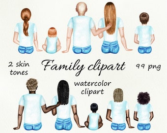 Family watercolor customizible clipart. Family character creator digital clip art. Mom, dad with children sitting back, watercolor png.
