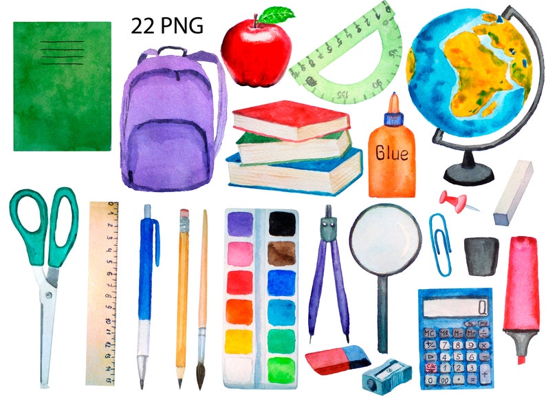 Watercolor School Clipart Teacher Clipart School Supplies | Etsy