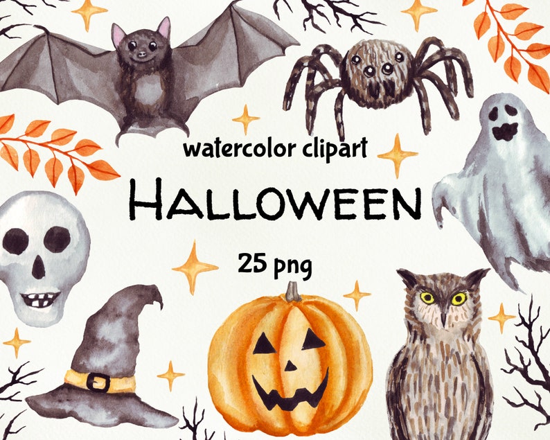 K&ouml;nnte beinhalten: Aquarell-Clipart-Set zum Thema Halloween. Enth&auml;lt eine Fledermaus, eine Spinne, ein Gespenst, einen K&uuml;rbis, eine Eule, einen Hexenhut, einen Sch&auml;del und &Auml;ste. 25 PNG-Dateien.