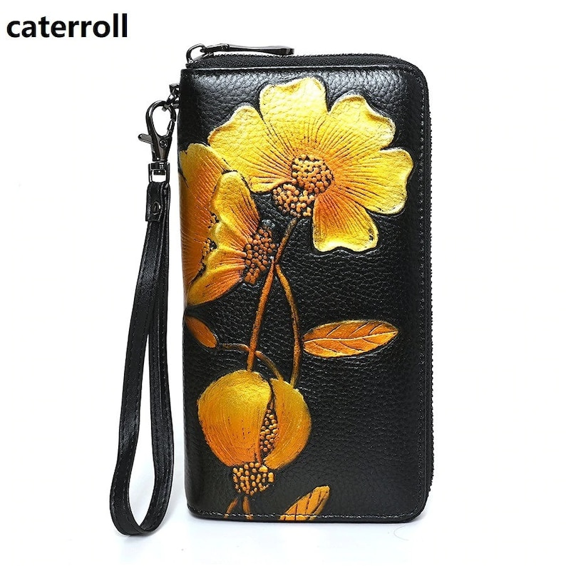 cow leather women wallets long genuine leather purse female floral clutch wallet large capacity card holder and phone bag