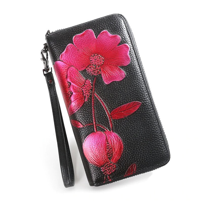 cow leather women wallets long genuine leather purse female floral clutch wallet large capacity card holder and phone bag