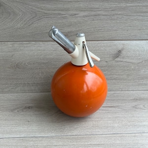 Vintage seltzer soda bottle Orange metal soda siphon Barware Seltzer siphon Carbonated bottle Retro kitchen decor Rustic farmhouse decor