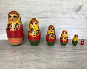 Vintage Hand-Painted Russian Nesting Dolls, 6-Piece Matryoshka Set