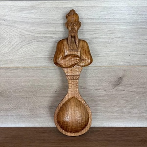 Vintage wooden spoon in form Ukrainian Cossack man Carved spoon handmade Rustic cutlery Country kitchen decor Kitchen tools Cooking spoons