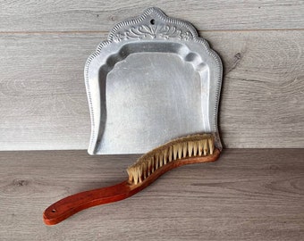 Vintage cleaning set Wooden sweeping brush and metal dustpan from table Cleaning kit Aluminum scoop Remove crumbs from table Brush cleaning