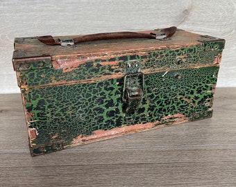 Vintage Green Wooden Toolbox: Industrial Military Decor Storage