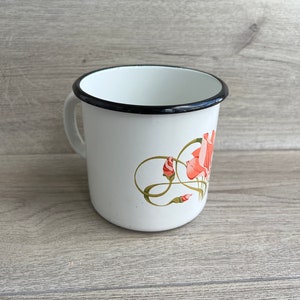 Vintage White Enamel Mug: Large Floral Metal Travel Cup