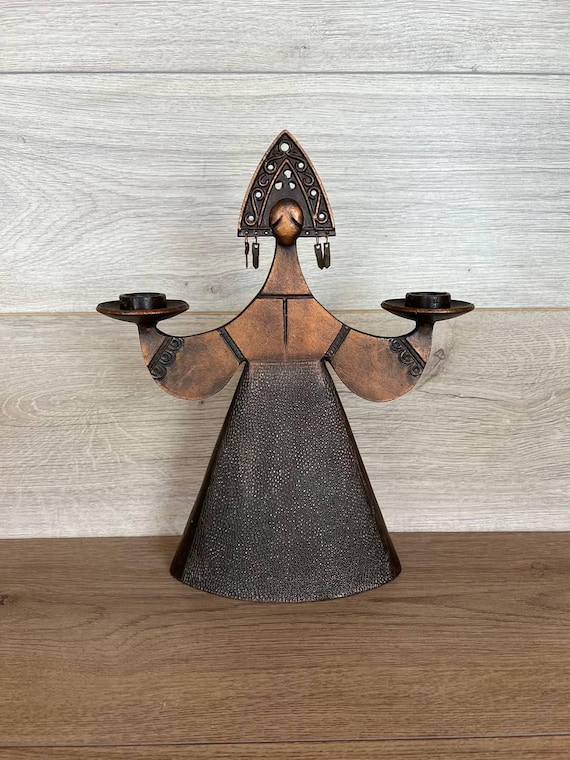 Vintage Bronze-Colored Metal Candlestick: Woman in Kokoshnik, Holds Two Candles