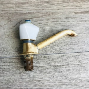 Vintage Solid Brass Water Faucet: Porcelain Handle, USSR 1970s