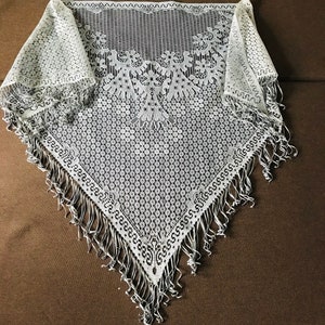 Vintage Gray Lace Shawl: 1980s Fringe Bohemian Wrap