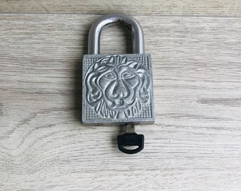 Vintage USSR Padlock with Key: Lion Design, Rustic Home Decor