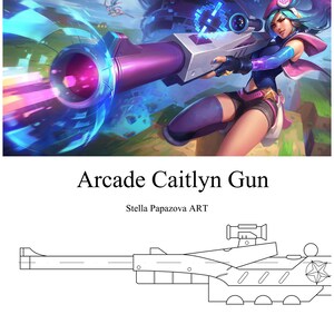 Peut inclure: Illustration numérique d'un personnage tenant une arme futuriste aux tons violets et bleus. L'image est intitulée "Arcade Caitlyn Gun" par Stella Papazova ART. Un dessin au trait de l'arme est également inclus.
