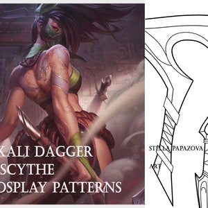 Puede incluir: Ilustración de un personaje de videojuego, con atuendo verde y marrón, sosteniendo una daga. La imagen incluye el texto "AKALI DAGGER & SCYTHE COSPLAY PATTERNS". También hay un dibujo lineal en blanco y negro de una guadaña y una daga.