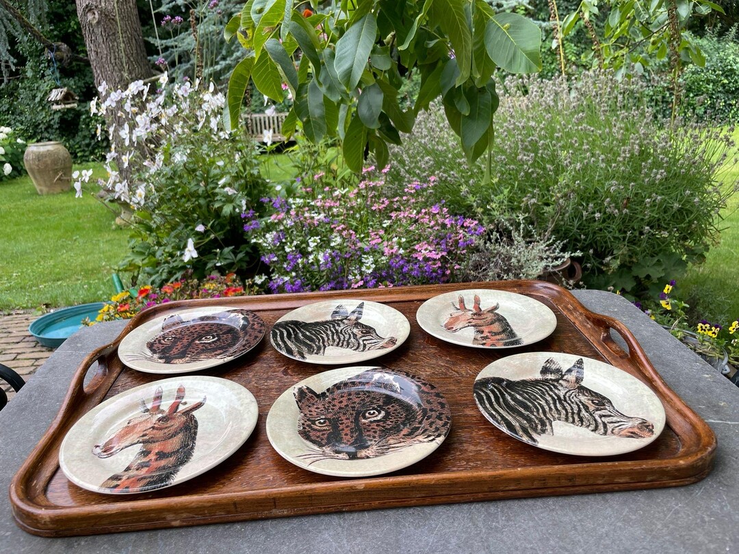 Gien France Kenya Pastry Plates, Hand Painted Safari Set of 6