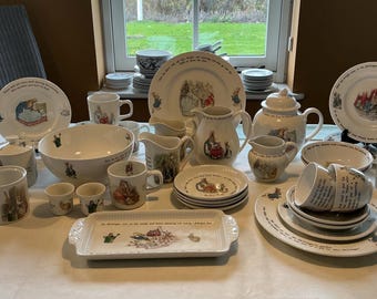 Wedgwood Beatrix Potter, Peter Rabbit open stock items, collectors items, rare pieces, plates, teapot, tray, cups, mugs, sugar, creamer