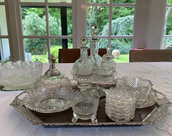 Antique Crystal Czechoslovakia Oil Vinegar Set, Glass Bell, Dishes
