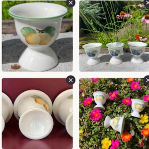 May include: A set of white ceramic egg cups featuring a flared rim with a thin green border. Each cup is decorated with a painted illustration of various fruits, including yellow pears and dark blue plums, centred on the exterior surface.