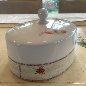 Op de afbeelding: Witte keramische sieradendoos met een deksel met een vlinder en de tekst "Anthocharis cardamines". De doos heeft een ronde, witte knop bovenop en een decoratieve band met een lieveheersbeestjesontwerp.