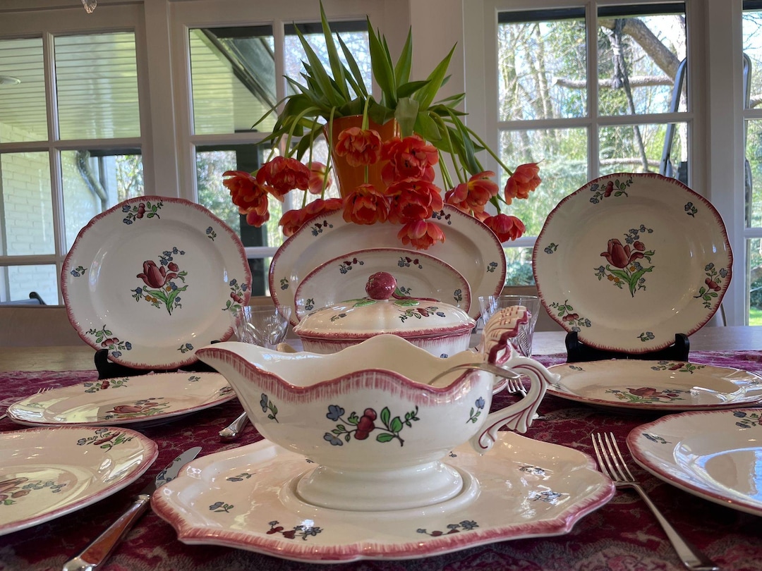 Vintage Gien Lorraine Dinnerware Set, Handpainted Floral, 6 Place