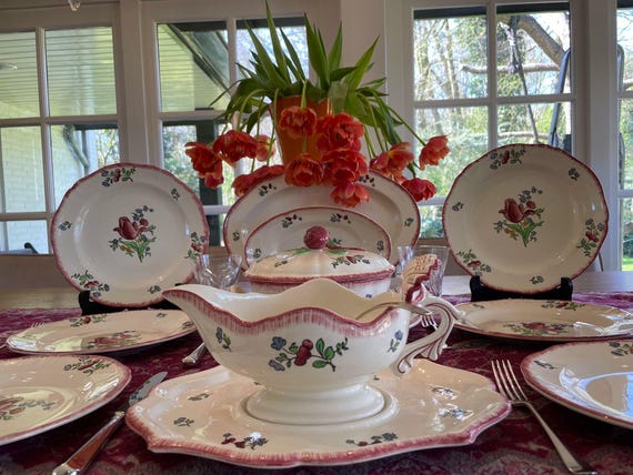 Vintage Gien Lorraine Dinnerware Set, Handpainted Floral, 6 Place