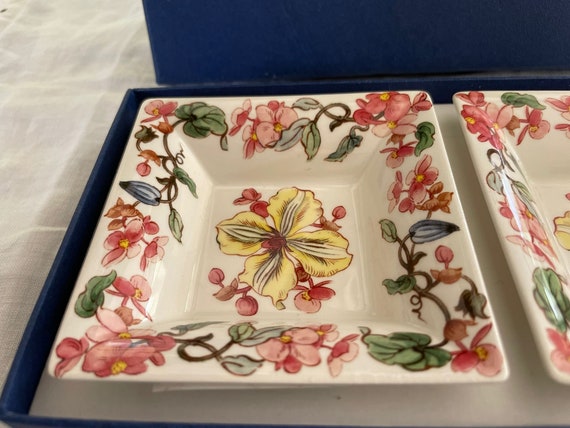 Vintage Gien Clematites quadratisches Geschirr, Blumenkeramik, 2er-Set