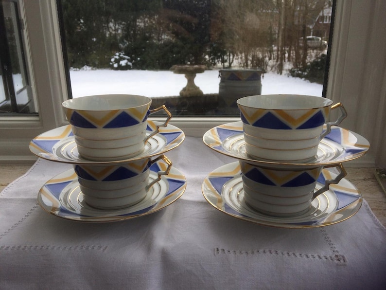 Antique Shelley Harlekijn set of 4 Art Deco cups and saucers, wedding gift, gift for her image 5